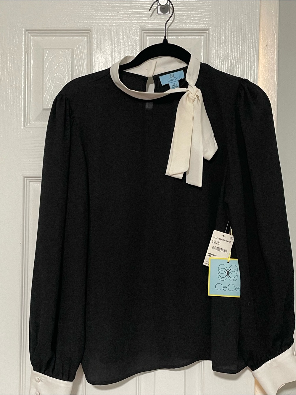 CeCe Black Blouse with Cream Neck Tie